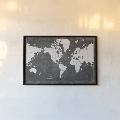 Blueprint World Map by Sue Schlabach. shown as a paper print in a black flame. Available as a archival giclee rolled canvas, fine art paper, or poster print. SKU 49409i.