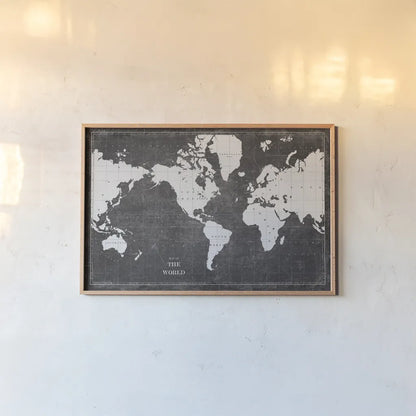 Blueprint World Map by Sue Schlabach. shown as a paper print in a natural frame. Available as a archival giclee rolled canvas, fine art paper, or poster print. SKU 49409i.