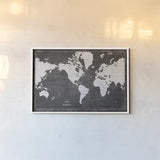 Blueprint World Map by Sue Schlabach. shown as a paper print in a white frame. Available as a archival giclee rolled canvas, fine art paper, or poster print. SKU 49409i.