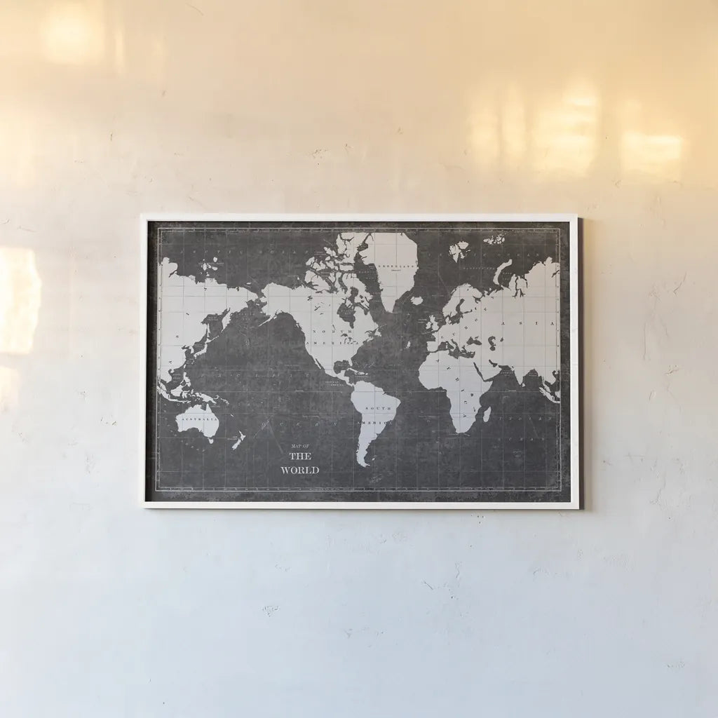 Blueprint World Map by Sue Schlabach. shown as a paper print in a white frame. Available as a archival giclee rolled canvas, fine art paper, or poster print. SKU 49409i.