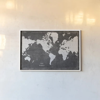 Blueprint World Map by Sue Schlabach. shown as a paper print in a white frame. Available as a archival giclee rolled canvas, fine art paper, or poster print. SKU 49409i.