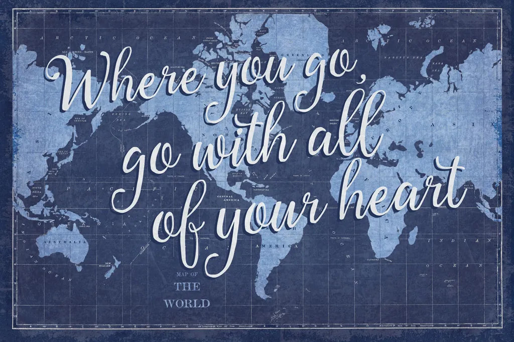 Blueprint World Map Heart by Sue Schlabach. SKU 51897i. Archival Giclee Fine art print for wall decor.