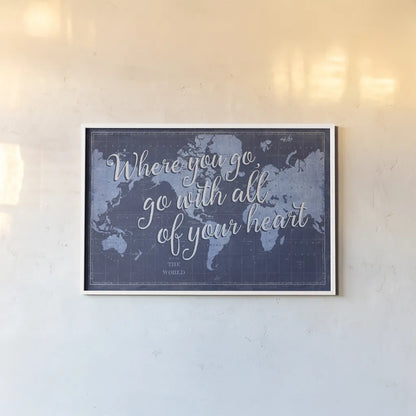 Blueprint World Map Heart by Sue Schlabach. shown as a paper print in a white frame. Available as a archival giclee rolled canvas, fine art paper, or poster print. SKU 51897i.