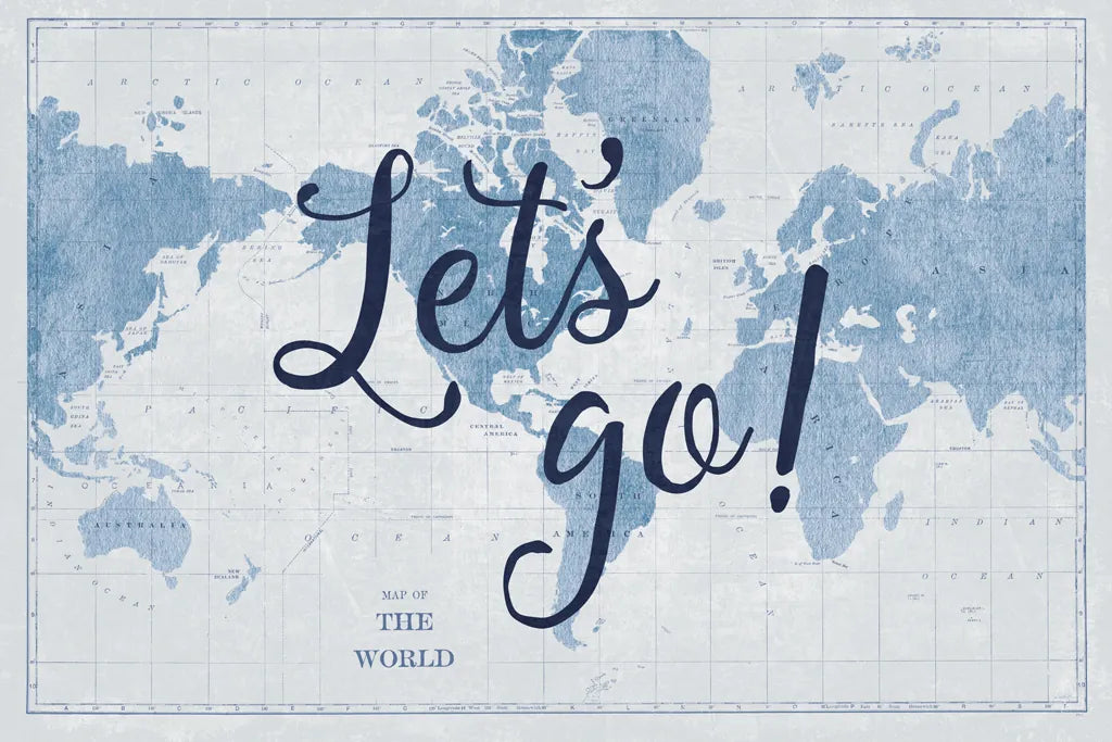 Blueprint World Map Lets Go by Sue Schlabach. SKU 75013i. Archival Giclee Fine art print for wall decor.