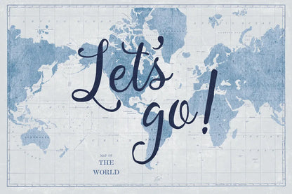 Blueprint World Map Lets Go by Sue Schlabach. SKU 75013i. Archival Giclee Fine art print for wall decor.