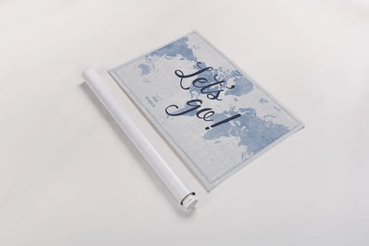 Blueprint World Map Lets Go by Sue Schlabach. shown as a rolled paper print. Available as archival giclee rolled canvas, fine art paper, or poster print. SKU 75013i.