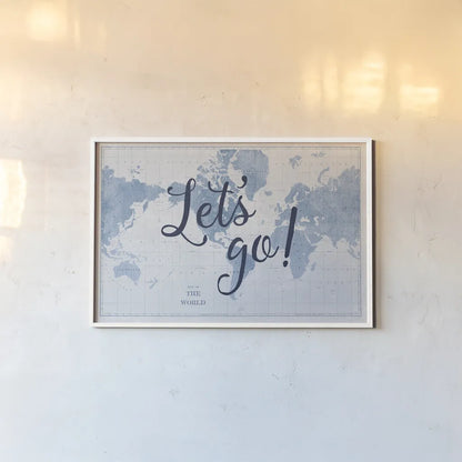 Blueprint World Map Lets Go by Sue Schlabach. shown as a paper print in a white frame. Available as a archival giclee rolled canvas, fine art paper, or poster print. SKU 75013i.