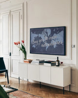 Blueprint World Map Say Yes by Sue Schlabach. shown as a framed stretched canvas in a living room above a console. Available as a archival giclee rolled canvas, fine art paper, or poster print. SKU 75012i.
