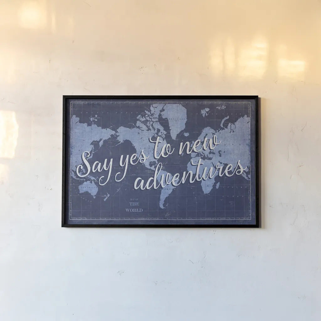 Blueprint World Map Say Yes by Sue Schlabach. shown as a paper print in a black flame. Available as a archival giclee rolled canvas, fine art paper, or poster print. SKU 75012i.