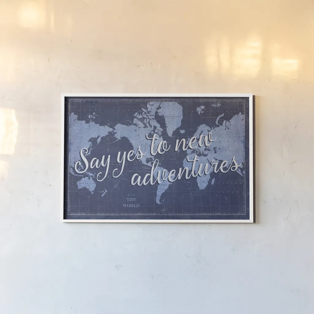Blueprint World Map Say Yes by Sue Schlabach. shown as a paper print in a white frame. Available as a archival giclee rolled canvas, fine art paper, or poster print. SKU 75012i.