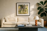 Blush Blossoms I Square by Sue Schlabach. Displayed in a glass frame with matte in a clean modern living room. Available as an archival giclee rolled canvas, fine art paper, or poster print. SKU 22115a.
