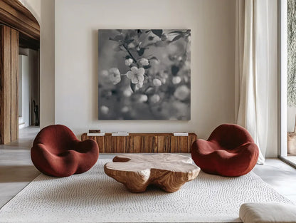 Blush Blossoms I Square BW by Sue Schlabach. Shown as extra-large giant wall art in a modern living room. Available as an archival giclee rolled canvas, fine art paper, or poster print. SKU 22117a.
