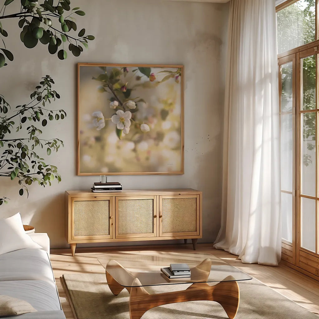 Blush Blossoms I Square Pastel by Sue Schlabach. Shown in a natural wood frame in a cozy modern living room. Available as an archival giclee rolled canvas, fine art paper, or poster print. SKU 22119a.