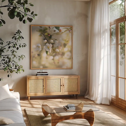 Blush Blossoms I Square Pastel by Sue Schlabach. Shown in a natural wood frame in a cozy modern living room. Available as an archival giclee rolled canvas, fine art paper, or poster print. SKU 22119a.