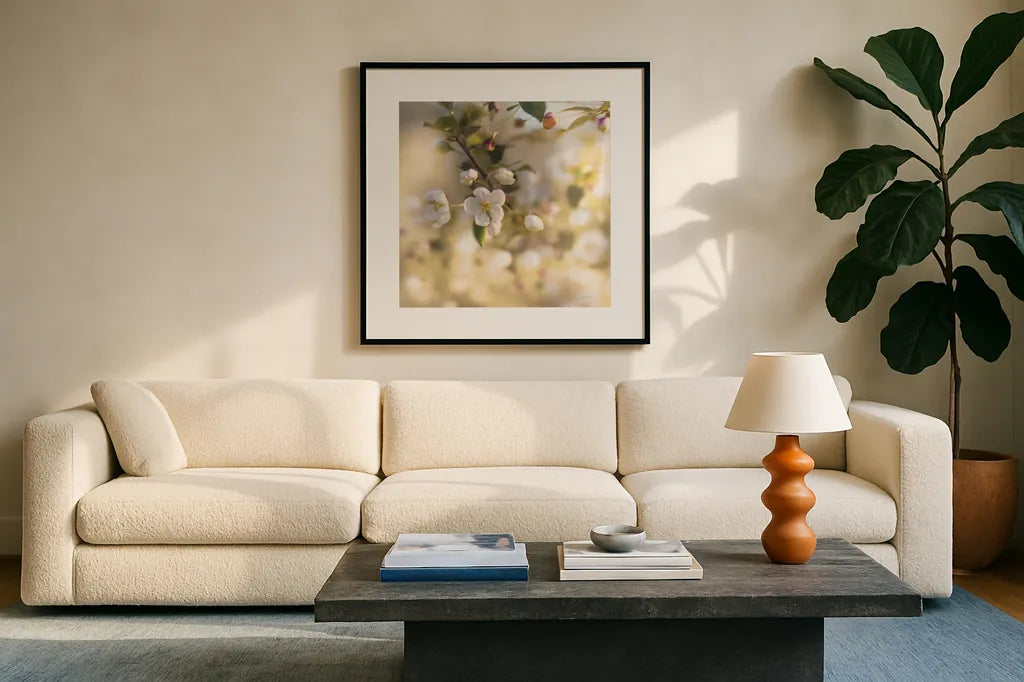 Blush Blossoms I Square Pastel by Sue Schlabach. Displayed in a glass frame with matte in a clean modern living room. Available as an archival giclee rolled canvas, fine art paper, or poster print. SKU 22119a.
