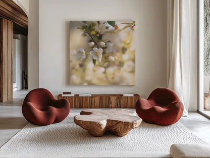 Blush Blossoms I Square Pastel by Sue Schlabach. Shown as extra-large giant wall art in a modern living room. Available as an archival giclee rolled canvas, fine art paper, or poster print. SKU 22119a.