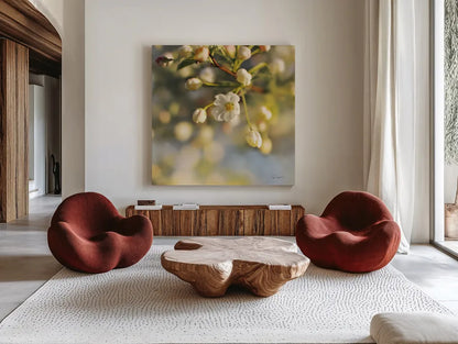 Blush Blossoms II Square by Sue Schlabach. Shown as extra-large giant wall art in a modern living room. Available as an archival giclee rolled canvas, fine art paper, or poster print. SKU 22116a.
