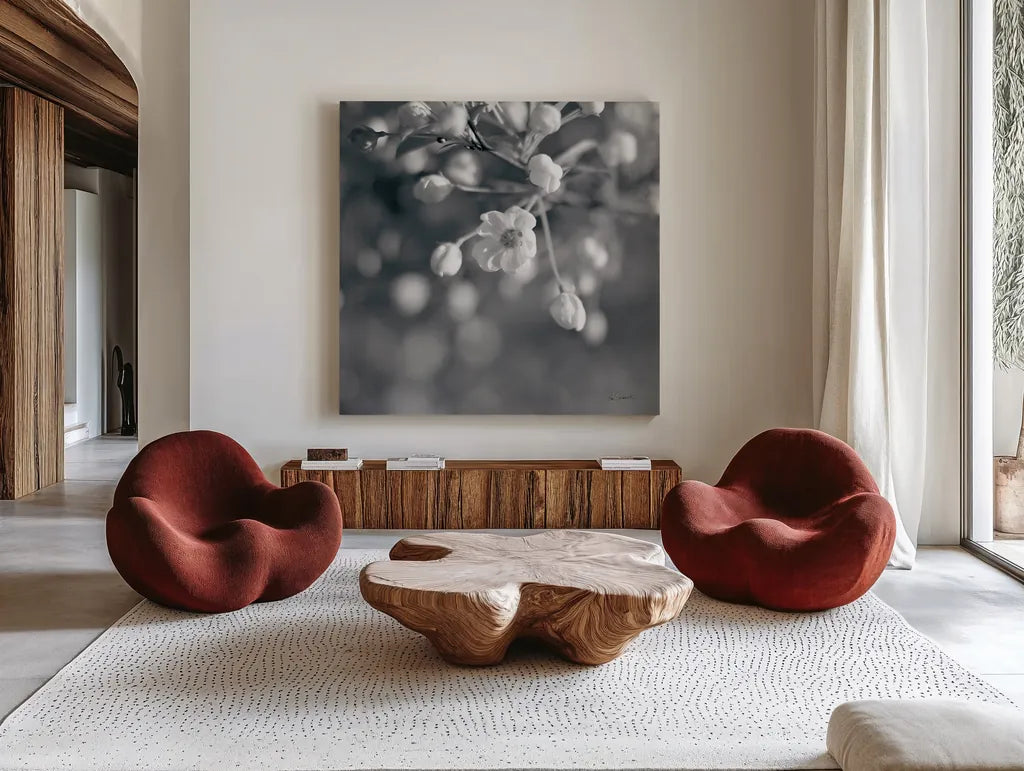 Blush Blossoms II Square BW by Sue Schlabach. Shown as extra-large giant wall art in a modern living room. Available as an archival giclee rolled canvas, fine art paper, or poster print. SKU 22118a.