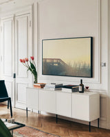 Boardwalk to the Beach by Sue Schlabach. shown as a framed stretched canvas in a living room above a console. Available as a archival giclee rolled canvas, fine art paper, or poster print. SKU 34383i.