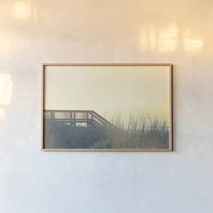 Boardwalk to the Beach by Sue Schlabach. shown as a paper print in a natural frame. Available as a archival giclee rolled canvas, fine art paper, or poster print. SKU 34383i.