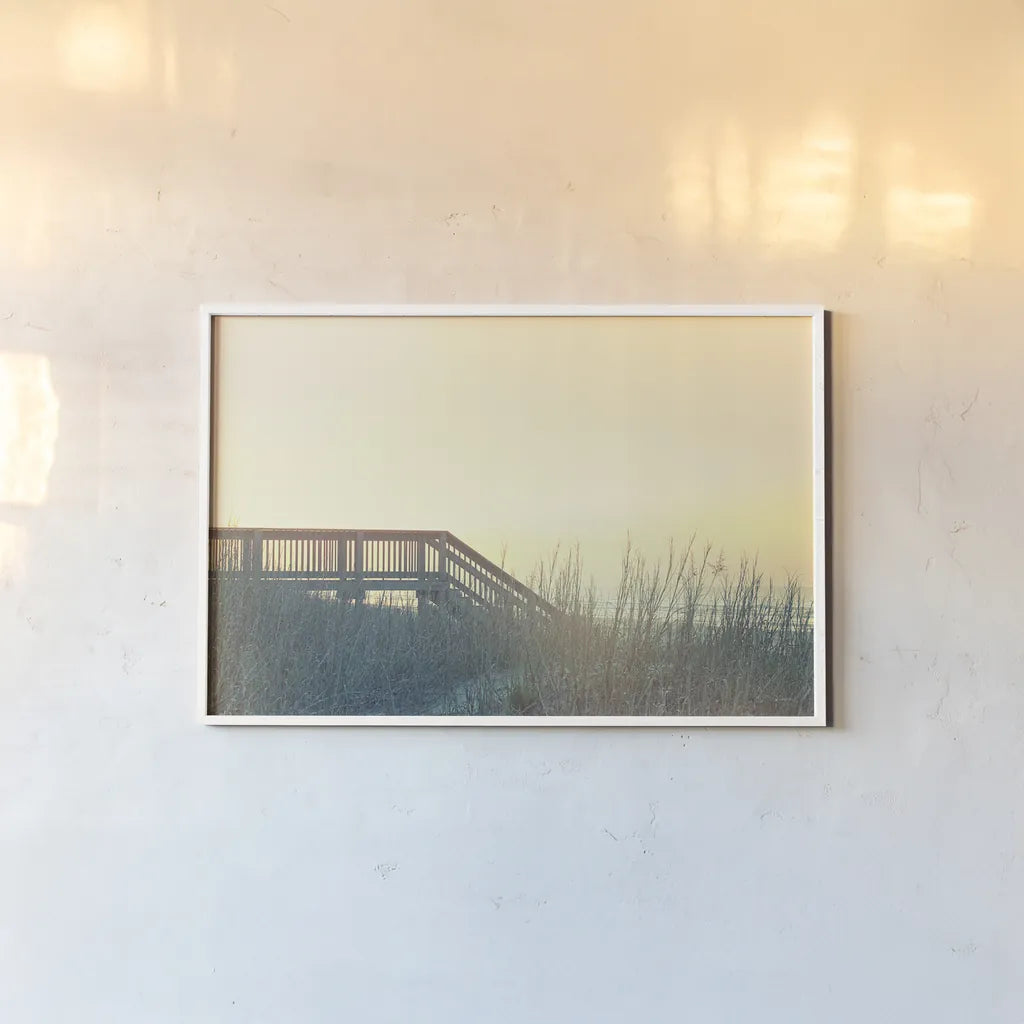Boardwalk to the Beach by Sue Schlabach. shown as a paper print in a white frame. Available as a archival giclee rolled canvas, fine art paper, or poster print. SKU 34383i.