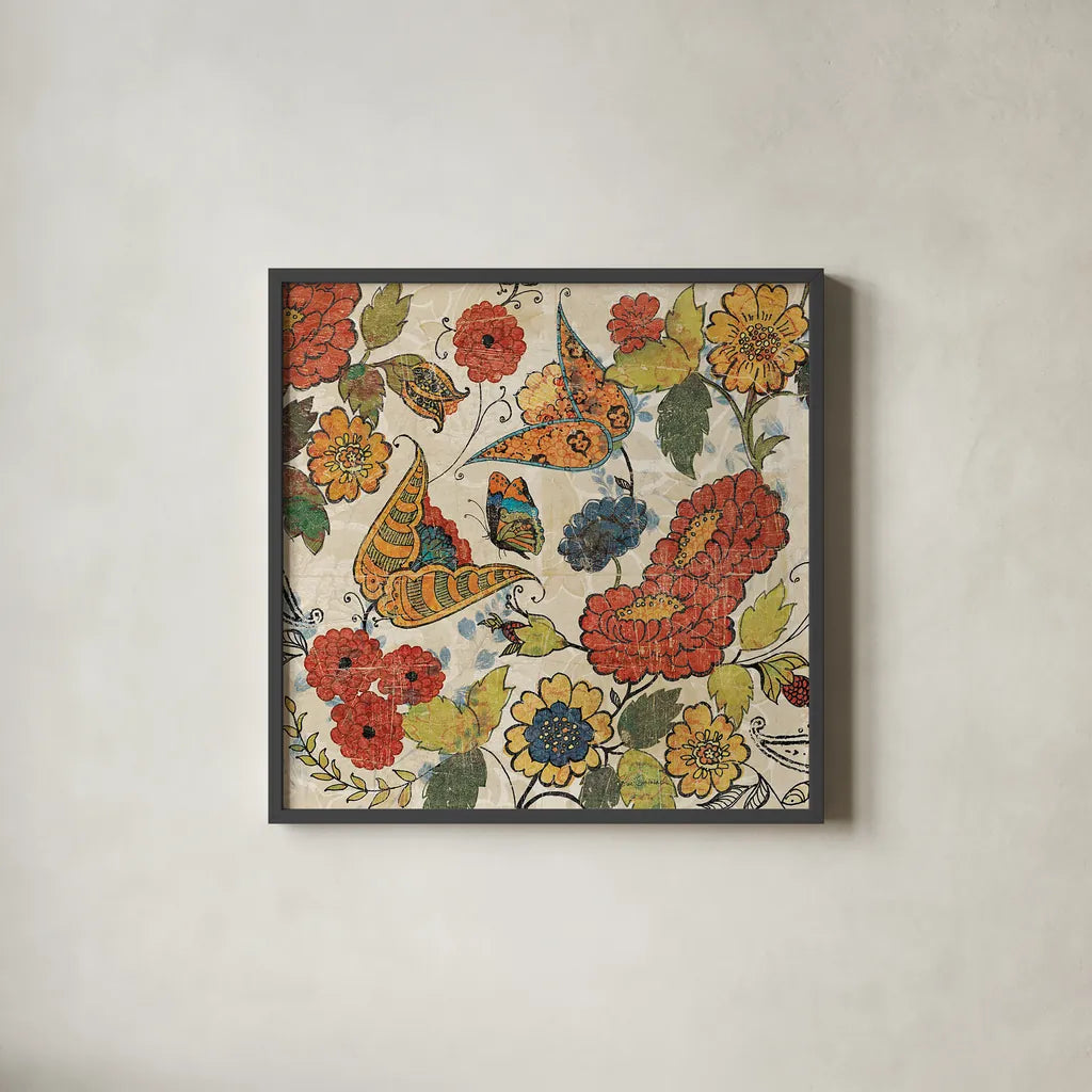 Botanical Fragments Crop by Sue Schlabach. Shown in a sleek black glass frame for a contemporary gallery look. Available as an archival giclee rolled canvas, fine art paper, or poster print. SKU 13233a.