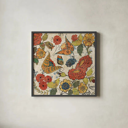 Botanical Fragments Crop by Sue Schlabach. Shown in a sleek black glass frame for a contemporary gallery look. Available as an archival giclee rolled canvas, fine art paper, or poster print. SKU 13233a.
