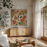 Botanical Fragments Crop by Sue Schlabach. Shown in a natural wood frame in a cozy modern living room. Available as an archival giclee rolled canvas, fine art paper, or poster print. SKU 13233a.