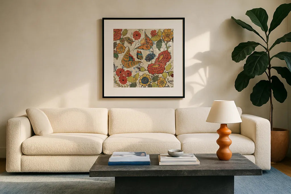Botanical Fragments Crop by Sue Schlabach. Displayed in a glass frame with matte in a clean modern living room. Available as an archival giclee rolled canvas, fine art paper, or poster print. SKU 13233a.