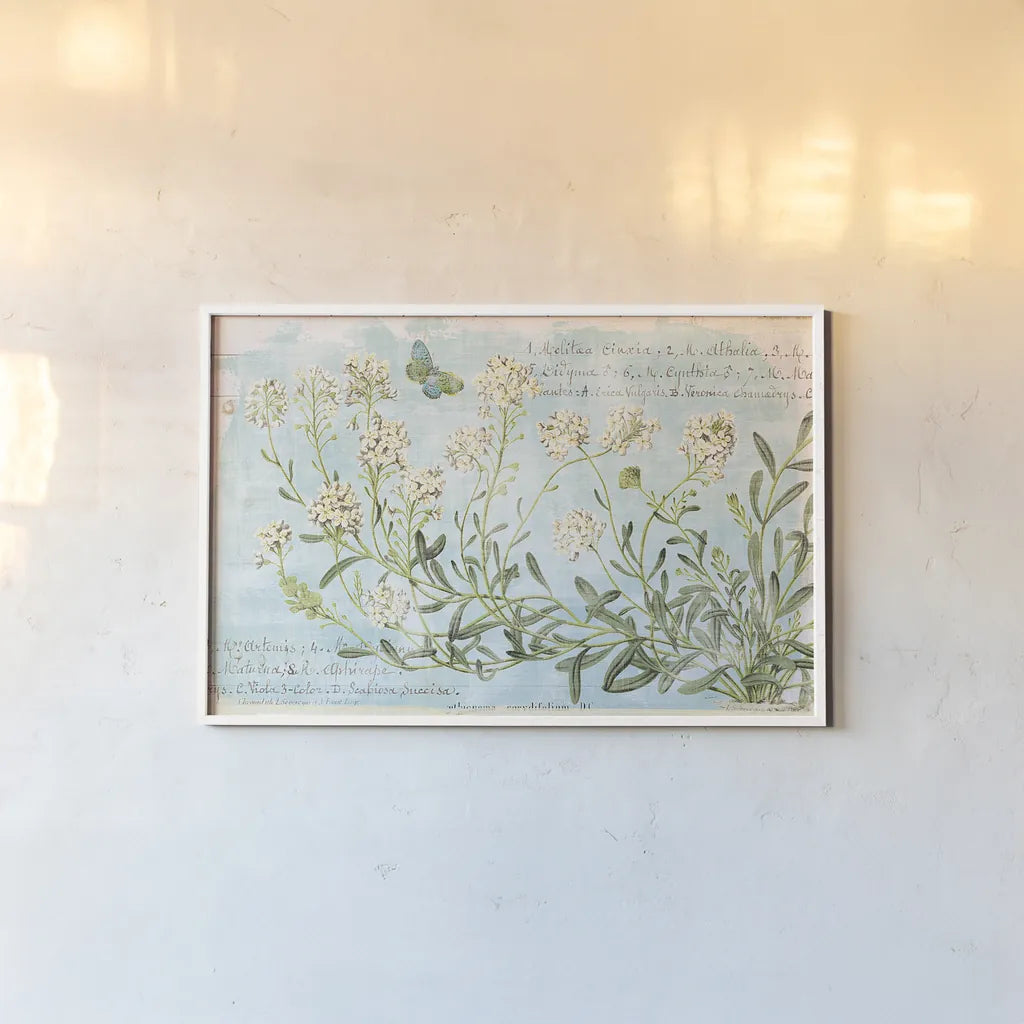 Botany Blue I by Sue Schlabach. shown as a paper print in a white frame. Available as a archival giclee rolled canvas, fine art paper, or poster print. SKU 28461i.