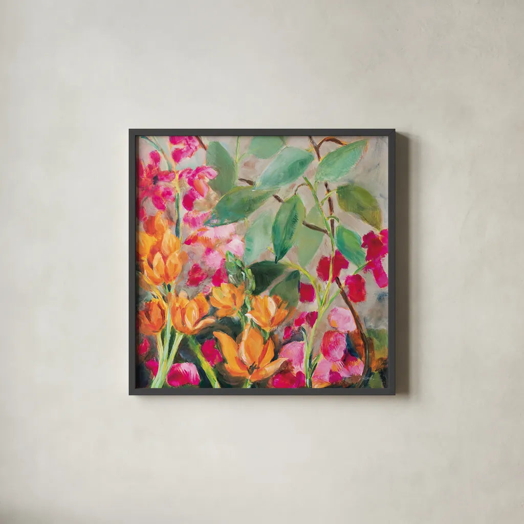 Bouquet for my Rebel Heart by Sue Schlabach. Shown in a sleek black glass frame for a contemporary gallery look. Available as an archival giclee rolled canvas, fine art paper, or poster print. SKU 75868a.