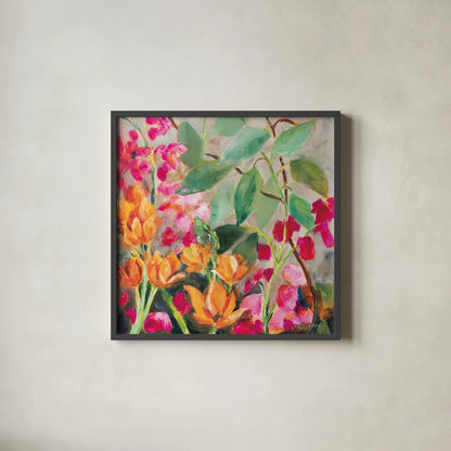 Bouquet for my Rebel Heart by Sue Schlabach. Shown in a sleek black glass frame for a contemporary gallery look. Available as an archival giclee rolled canvas, fine art paper, or poster print. SKU 75868a.