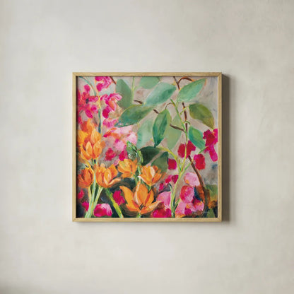 Bouquet for my Rebel Heart by Sue Schlabach. Shown in a natural wood glass frame for a timeless modern aesthetic. Available as an archival giclee rolled canvas, fine art paper, or poster print. SKU 75868a.