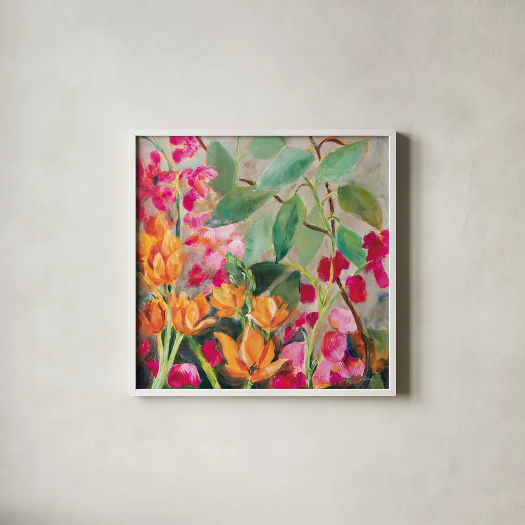 Bouquet for my Rebel Heart by Sue Schlabach. Shown in a crisp white glass frame for a clean and minimalist style. Available as an archival giclee rolled canvas, fine art paper, or poster print. SKU 75868a.