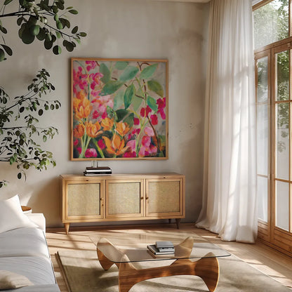 Bouquet for my Rebel Heart by Sue Schlabach. Shown in a natural wood frame in a cozy modern living room. Available as an archival giclee rolled canvas, fine art paper, or poster print. SKU 75868a.