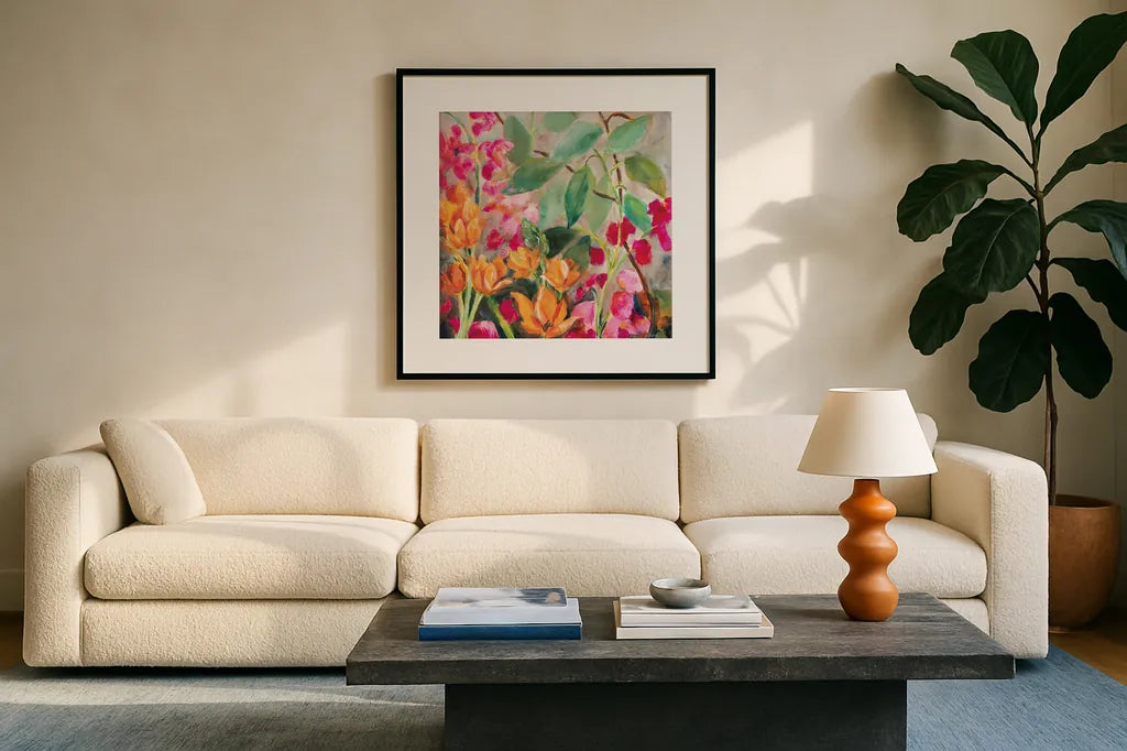 Bouquet for my Rebel Heart by Sue Schlabach. Displayed in a glass frame with matte in a clean modern living room. Available as an archival giclee rolled canvas, fine art paper, or poster print. SKU 75868a.