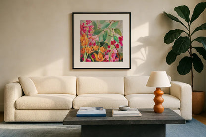 Bouquet for my Rebel Heart by Sue Schlabach. Displayed in a glass frame with matte in a clean modern living room. Available as an archival giclee rolled canvas, fine art paper, or poster print. SKU 75868a.