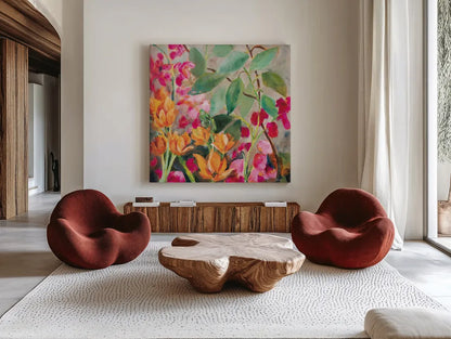 Bouquet for my Rebel Heart by Sue Schlabach. Shown as extra-large giant wall art in a modern living room. Available as an archival giclee rolled canvas, fine art paper, or poster print. SKU 75868a.