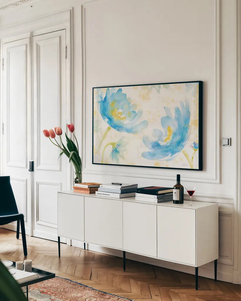 Breeze Bloom I by Sue Schlabach. shown as a framed stretched canvas in a living room above a console. Available as a archival giclee rolled canvas, fine art paper, or poster print. SKU 20856i.