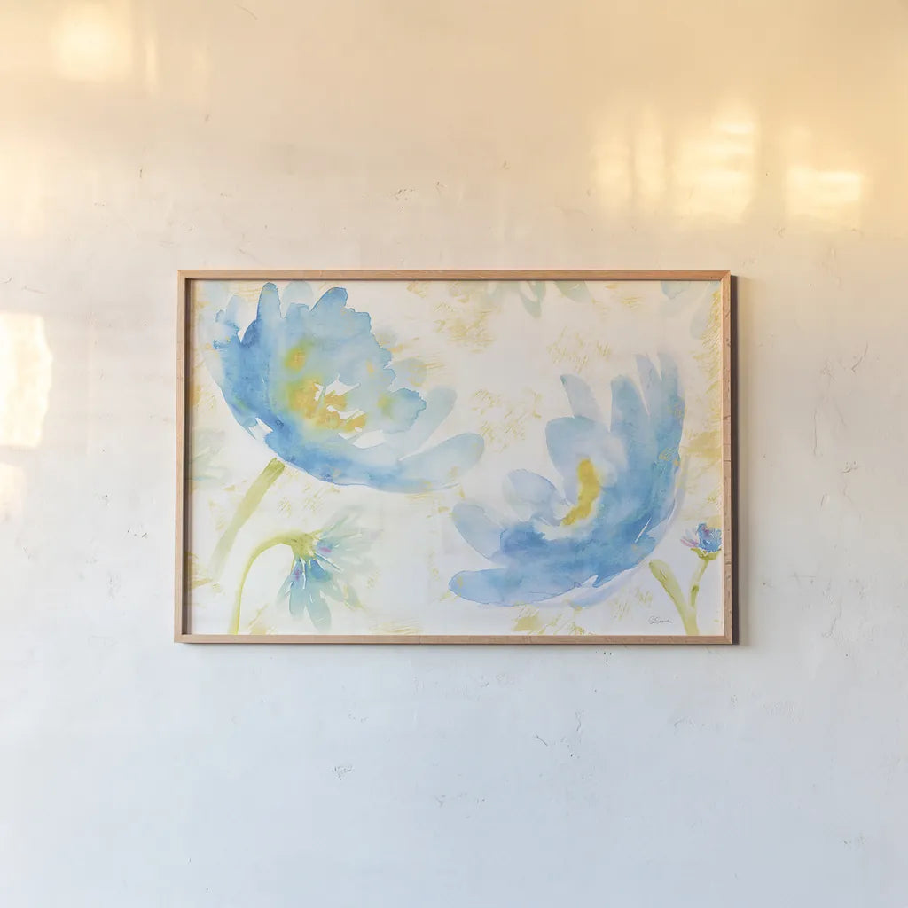 Breeze Bloom I by Sue Schlabach. shown as a paper print in a natural frame. Available as a archival giclee rolled canvas, fine art paper, or poster print. SKU 20856i.