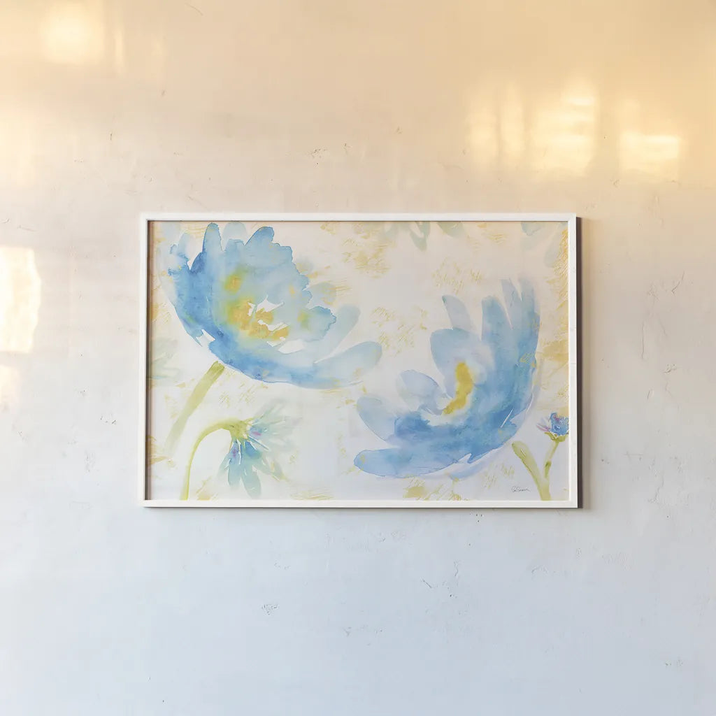 Breeze Bloom I by Sue Schlabach. shown as a paper print in a white frame. Available as a archival giclee rolled canvas, fine art paper, or poster print. SKU 20856i.