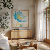 Breeze Bloom II by Sue Schlabach. Shown in a natural wood frame in a cozy modern living room. Available as an archival giclee rolled canvas, fine art paper, or poster print. SKU 20857a.