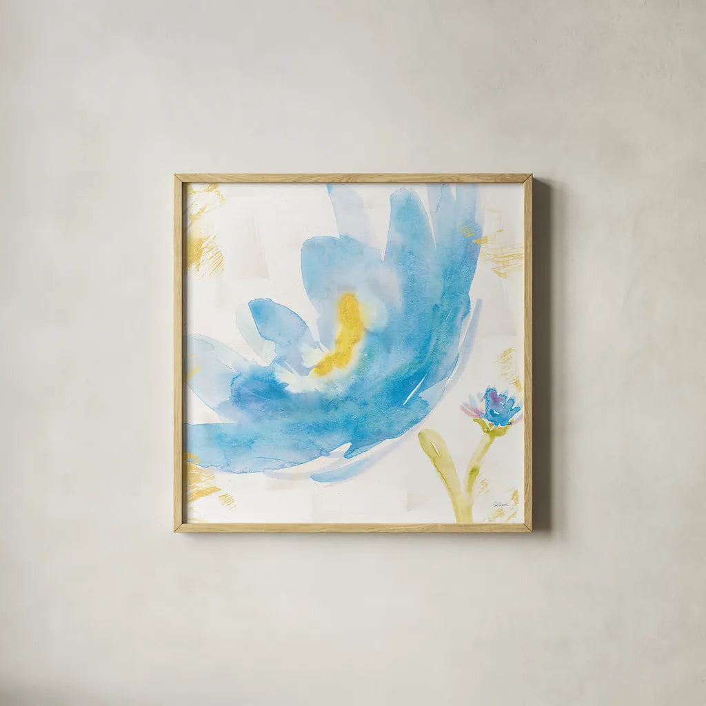 Breeze Bloom V v2 by Sue Schlabach. Shown in a natural wood glass frame for a timeless modern aesthetic. Available as an archival giclee rolled canvas, fine art paper, or poster print. SKU 20862a.