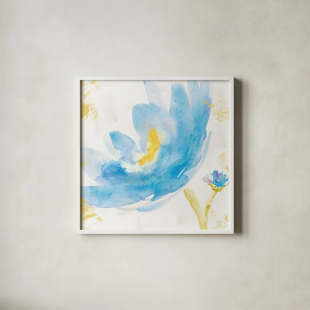 Breeze Bloom V v2 by Sue Schlabach. Shown in a crisp white glass frame for a clean and minimalist style. Available as an archival giclee rolled canvas, fine art paper, or poster print. SKU 20862a.
