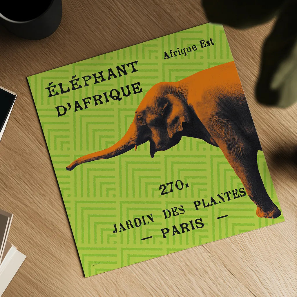 Bright Safari Elephant by Sue Schlabach. Shown as a detailed flat fine art print, highlighting archival giclee quality. Available as an archival giclee rolled canvas, fine art paper, or poster print. SKU 18528a.