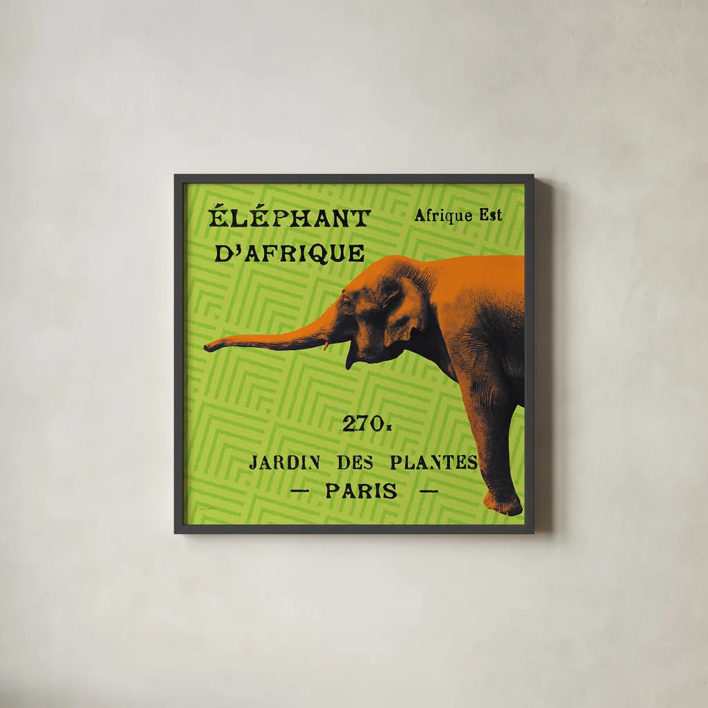 Bright Safari Elephant by Sue Schlabach. Shown in a sleek black glass frame for a contemporary gallery look. Available as an archival giclee rolled canvas, fine art paper, or poster print. SKU 18528a.