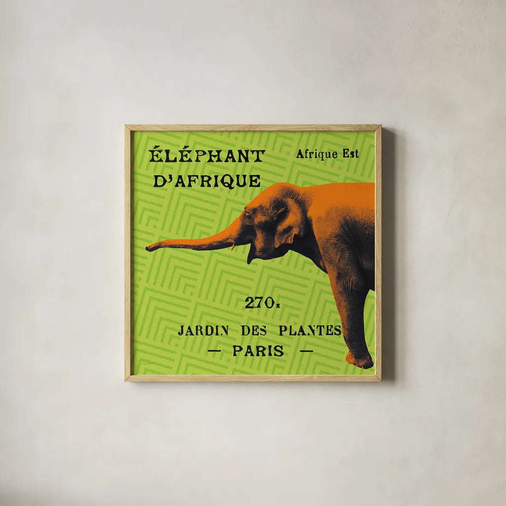 Bright Safari Elephant by Sue Schlabach. Shown in a natural wood glass frame for a timeless modern aesthetic. Available as an archival giclee rolled canvas, fine art paper, or poster print. SKU 18528a.