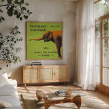 Bright Safari Elephant by Sue Schlabach. Shown in a natural wood frame in a cozy modern living room. Available as an archival giclee rolled canvas, fine art paper, or poster print. SKU 18528a.