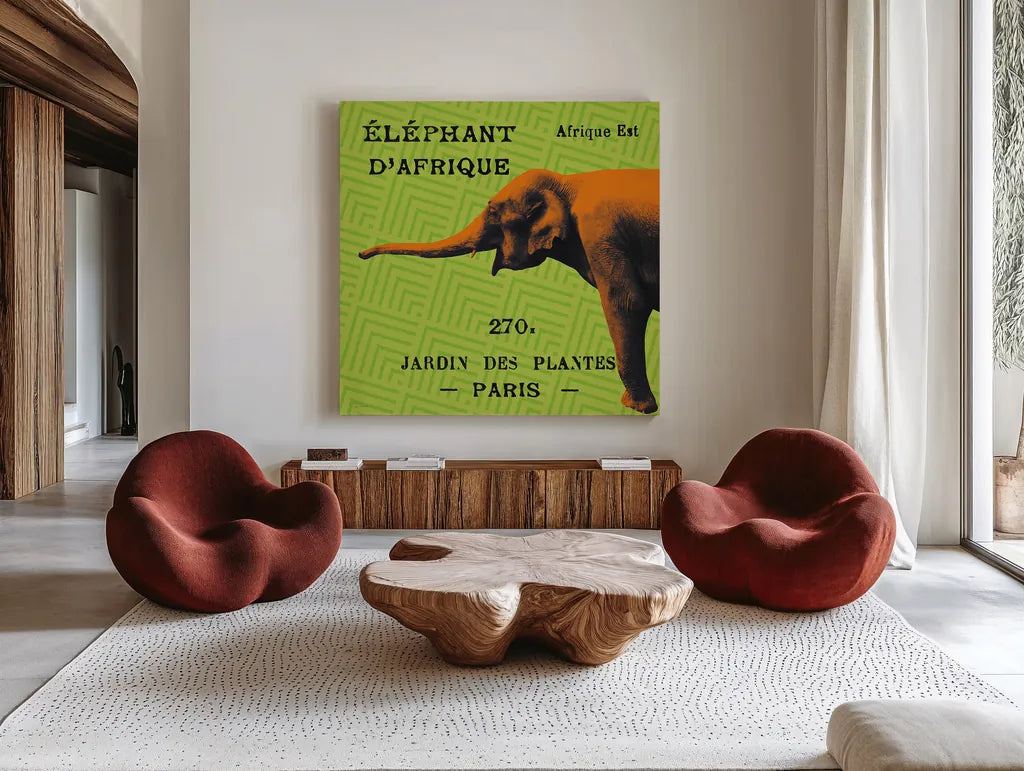Bright Safari Elephant by Sue Schlabach. Shown as extra-large giant wall art in a modern living room. Available as an archival giclee rolled canvas, fine art paper, or poster print. SKU 18528a.