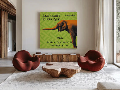 Bright Safari Elephant by Sue Schlabach. Shown as extra-large giant wall art in a modern living room. Available as an archival giclee rolled canvas, fine art paper, or poster print. SKU 18528a.